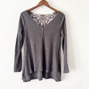 No Comment Lace Detail Back Size Large Henley Waffle Knit Top Boho Casual Chic